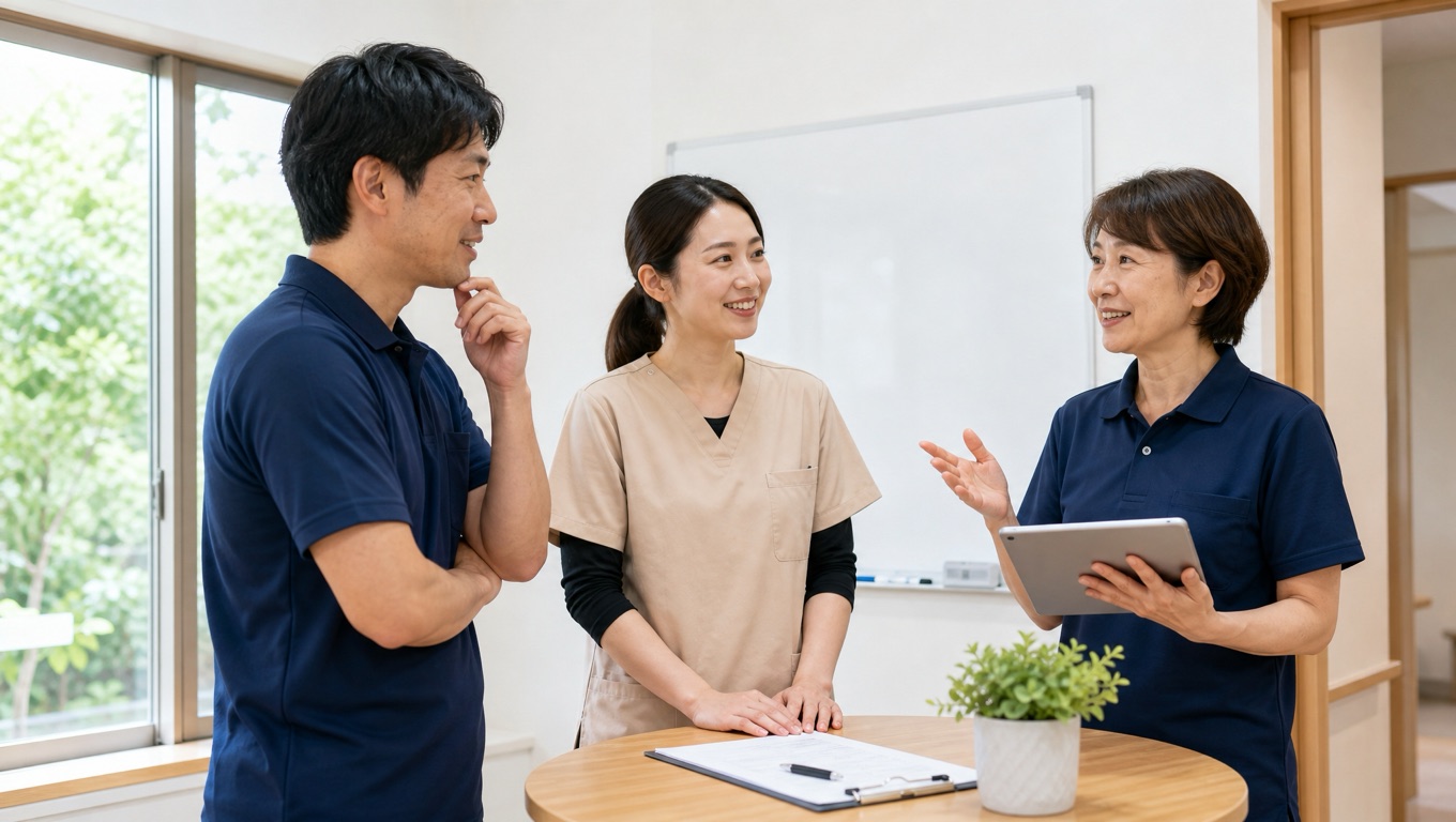 施設の一角で、3人の職員がタブレットを囲んで立ち話のように新しい道具の使い方を学んでいる